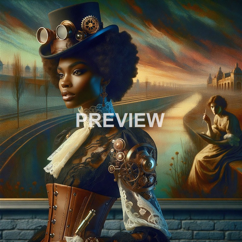 A woman dressed in steampunk-inspired attire, featuring a large hat with goggles and gears, stands in front of a colorful, surreal landscape with another woman sitting by a river and a cityscape in the background.